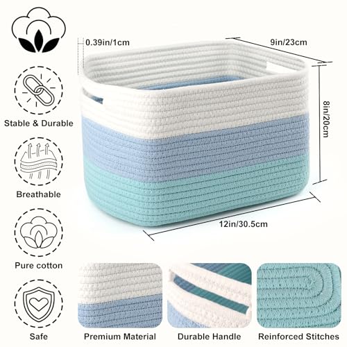 4 Pack Storage Baskets for Organizing, 12''Lx9''Wx8''H Woven Baskets for Storage Toys, Towels, Books, and Clothes, Cotton Rope Basket for Shelves with Handle (White & Blue) - color: White & Blue