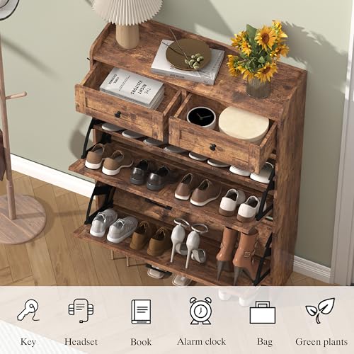 Thacuok Shoe Cabinet with 2 Flip Drawers & 2 Storage Drawers, Rustic Farmhouse Narrow Shoe Organizer Cabinet, Slim Shoe Rack Cabinet, Shoe Storage Cabinet for Entryway, Hallway - color: Brown, size: 2 Drawers