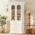 71" Modern Tall Bookcase and Bookshelf, Modern Storage Combination for Home Office or Study,and Living Room with Glass Door and Open Shelf Cabinets, White with Gold Handles, 4 of Set
