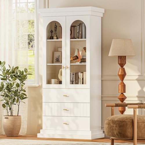 71" Modern Tall Bookcase and Bookshelf, Modern Storage Combination for Home Office or Study,and Living Room with Glass Door and Open Shelf Cabinets, White with Gold Handles, 4 of Set