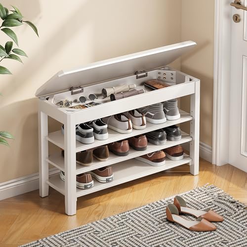 IUNVR Shoe Rack Bench Seat Rubberwood 3-Tier Wooden Storage Bench 550lbs Compact Mid-Century Modern Design for Entryway, Hallway, Closet, Front Door Entrance, Foyer - color: White-3 Tier(wood), size: 31.5"W x 11.8"D x 20.5"H