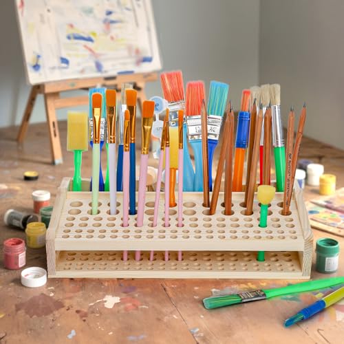 Acshio Leather Craft Tool Holder, 98 Holes Wooden Desktop Leather Working Tools Organizer with 3 Slots, Professional Large Making Punch Tools Rack Stand Storage Box for Brushes, Craft Tools