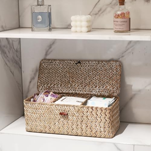 Seagrass Storage Basket with Lid Rectangular Small Woven Shelf Baskets with Sections for Organize Snack Toys Whitewash - color: Whitewash 3 Sections