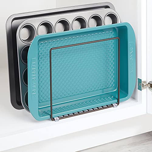 mDesign Steel Storage Tray Organizer Rack for Kitchen Cabinet - Divided Holder with 3 Slots for Skillets, Frying Pan, Pot Lids, Cutting Board, Baking Sheets - Concerto Collection - Bronze - color: Bronze, size: 10.2 x 7.3 x 8.6