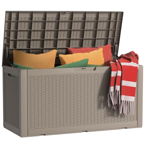 120 Gallon Outdoor Deck Box, Lockable Waterproof Outdoor Storage Boxes For Garden Tools,Indoor Cushions,Accessories Outside Storage Resin Weatherproof Container(Grey) - color: Grey, size: 120 Gallon