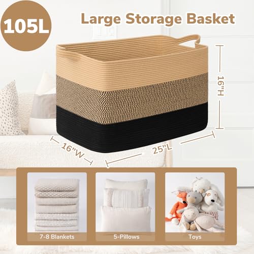 Goodpick 105L Extra Large Blanket Basket 25" x 16" x 16" Cotton Rope Storage Baskets for Organizing, Wicker Laundry Basket with Handles, Rectangle Woven Baskets for Storage, Black & Jute - color: Black Jute, size: XX-Large(25"L x 16"W x 16"H)