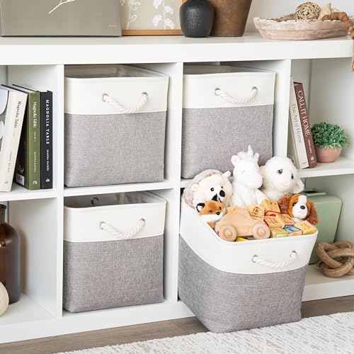 OrganiHaus 12x12 Cube Storage Bins 4 Pack, Foldable Cube Storage Organizer w/ Rope Handles, Collapsible Fabric Bins for Toys, Clothes & Closet Organization, Fabric Square Baskets - Gray/White - color: Gray Base / Off-White, size: 4 pcs (12x12)