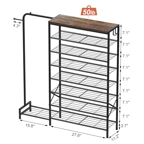 Shoe Rack with Coat Rack, 8 Tier Tall Shoe Storage Organizer with Hooks, 3-in-1, Wooden Top Shelf, Sturdy Frame, Metal Clothes Hanger Stand for Entryway, Closet, Rustic Brown and Black - color: Rustic Brown and Black