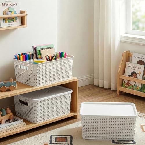 BINO | Plastic Storage Baskets with Lids, 15.5 Liter - 3 Pack, White | THE WOVEN COLLECTION | Storage Basket for Shelves Woven Storage Baskets for Organizing Bins Pantry Shelf Organizer Container Bin - color: White, size: 13.5L | 3-Pack
