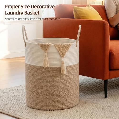 OIAHOMY Large Laundry Basket Hamper - 60L Cotton Rope Woven Basket for Blankets, Toys, Clothes - Tall Decorative Nursery Hamper with Long Handles, Brown/White - color: Brown/White, size: 60L