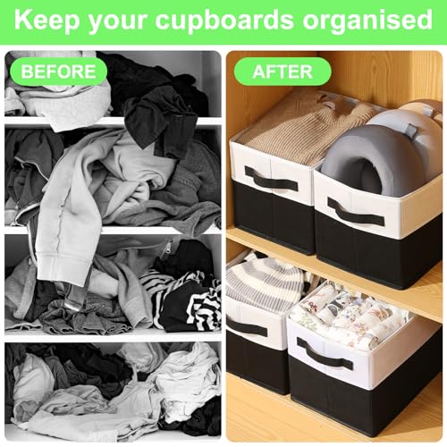 Large Shelf Storage Bins [4 Pack],Decorative Collapsible Storage Basket,Fabric Closet Organizer and Home Storage Cubes with Handles for Organizing Books, Clothes, Toys, Nursery（Black） - color: Black 4 Pack