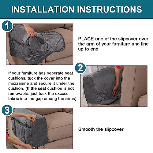 Velvet Quilted Armrest Covers - Water-Resistant Sofa Arm Protectors Set of 2 with Side Pocket Organizer, Non-Slip Furniture Covers for Chairs & Couches (Gray) - color: Gray