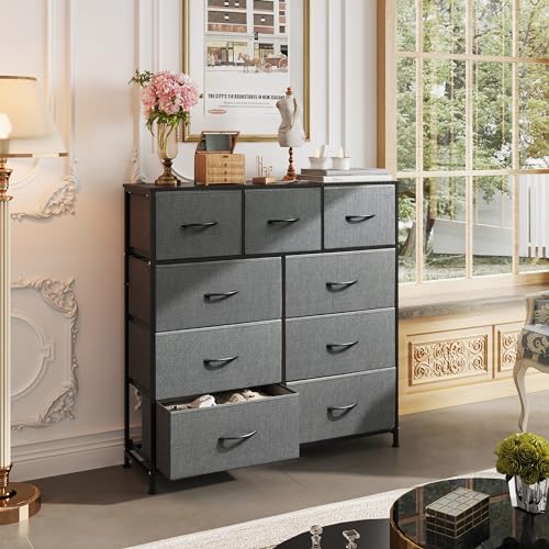 WLIVE 9-Drawer Dresser, Fabric Storage Tower for Bedroom, Hallway, Entryway, Closet, Tall Chest Organizer Unit with Fabric Bins, Steel Frame, Wood Top, Easy Pull Handle, Dark Grey - color: A-dark Grey