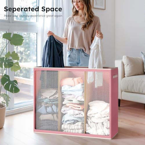 SOLEDI 180L 3-Section Laundry Hamper with Lid, Extra Large Dirty Clothes Basket with Sturdy Handles for Laundry Room & Bedroom - Durable Organizer for Sorting Laundry - color: Strawberry Milkshake Pink, size: 180L