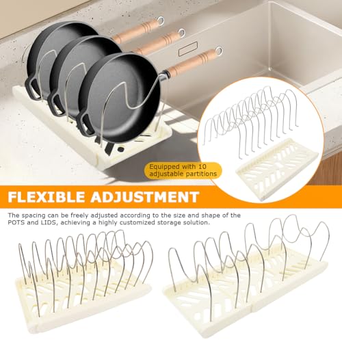 Expandable Pot and Pan Organizer Rack for Kitchen Cabinet or Under Sink,with 10 Adjustable Compartment 13"-23" Adjustable Length for Lids Bakeware Frying Rack and Cookware(COLOR:White) - color: White
