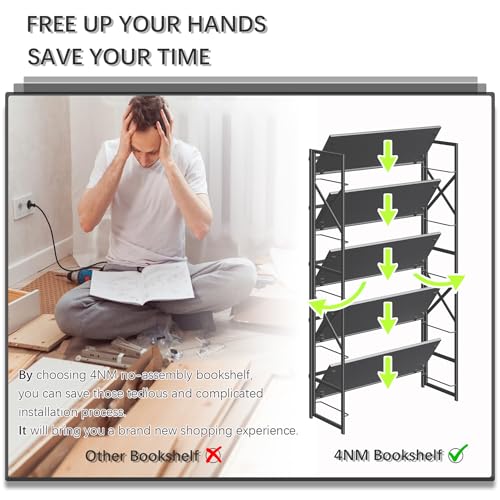 4NM Extra Wide 5 Tiers No Assembly Book Shelves, 51.2" H Folding Bookshelf Bookcase Open Industrial Foldable Shelves for Bedroom, Living Room, Home Office - All Black - color: All Black, size: Wide XX 5-Tier