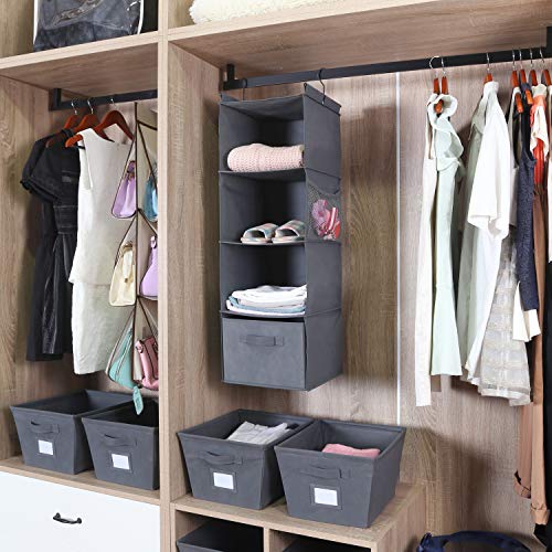 MAX Houser 4-Shelf Hanging Closet Organizer, Space Saver, Cloth Hanging Shelves with 2 Side Pockets, Foldable (Grey) - color: Grey-2