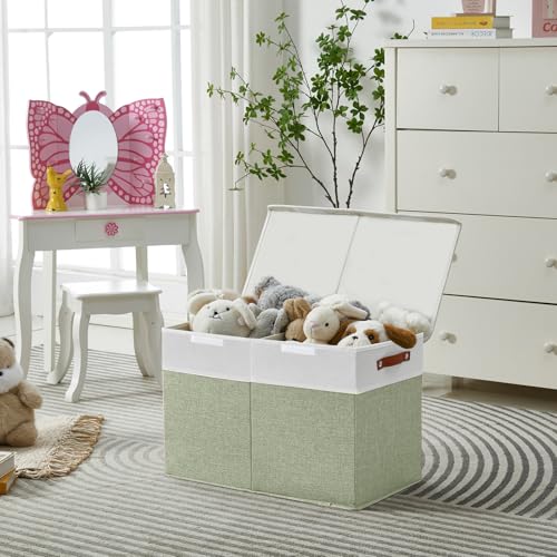 Bagnizer Large Toy Storage Box with Lids, Collapsible Sturdy Baby Storage Organizer Chest Bin Basket for Kids, Boys, Girls, Playroom, Nursery, Bedroom, Closet 25"x13"x16" (Green and White) - color: Green and White