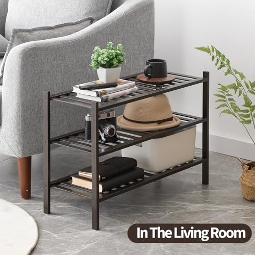 Shoe Rack, 3-Tier Bamboo Stackable Shoe Shelf Storage Organizer, Shoe Stand for Closet, Entryway and Hallway - color: Brown, size: 3-Tier-Standard