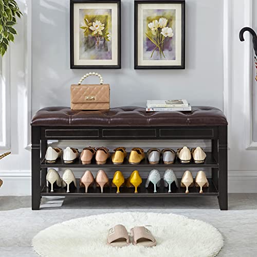 LEILISI Shoe Bench, Storage Rack Organizer with Cushion 2 Tier Lift Top Shoe Rack for Entryway Living Room Bedroom Hallway Wooden Furniture (Black, 39.4'') - color: Black, size: 39.4