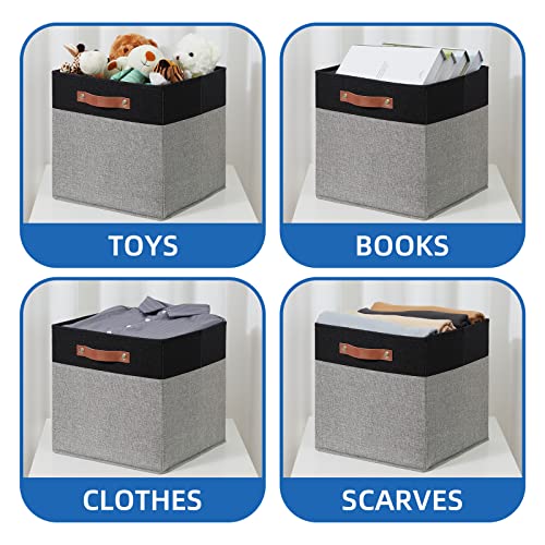 Temary 13 x 13 Storage Cubes Foldable Storage Cubes 4 Pack Canvas Storage Bin for Home, Square Storage Baskets with Leather Handles (Black&Grey) - color: Black&Grey, size: 13×13×13