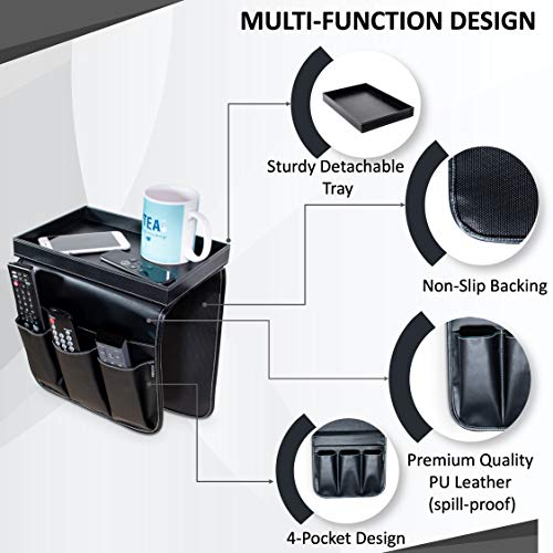 Non-Slip Couch Cup Holder Detachable Wooden Snack Tray PU Leather Armrest Cup Holder Couch Arm Tray for Recliner w/Large Pocket, 3 Small Pockets for TV Remotes, Phone, Glasses/Couch Console (Black) - color: Black