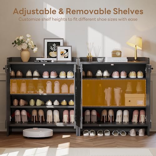 LIKIMIO Shoe Cabinet with Adjustable Shelves, 4-Tier Shoe Storage Cabinet with Slatted Doors, Freestanding Wooden Shoe Cabinet Storage for Entryway, Hallway, Living Room, Black - color: Black