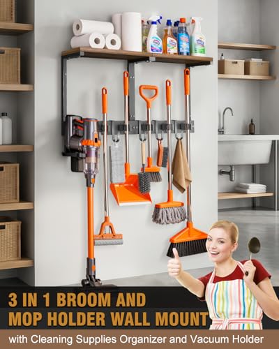Supforce Broom Holder Wall Mount with Top Wooden Shelf, Heavy Duty Metal Cleaning Supplies Broom Hanger with Vacuum Organizer and 5 Slots & 5 Hooks for Laundry Garage Tool Storage Kitchen (Large) - size: Large