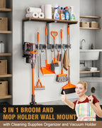 Supforce Broom Holder Wall Mount with Top Wooden Shelf, Heavy Duty Metal Cleaning Supplies Broom Hanger with Vacuum Organizer and 5 Slots & 5 Hooks for Laundry Garage Tool Storage Kitchen (Large) - size: Large