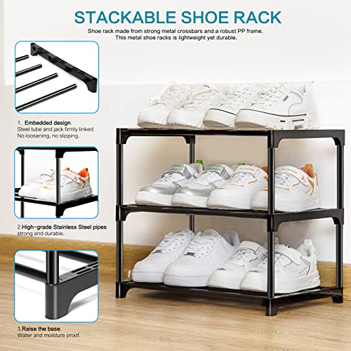 Stackable Small Shoe Rack for Closet 3 Tier, Sturdy Shoe Rack Organizer for Front Door Entrance and Entryway, Free Standing Metal Shoe Shelf Storage for Closet Bedroom Garage Black - size: 3 Tier