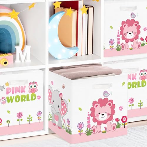 Clastyle Jungle Animal Kids Storage Cube Organizer Set Tree Closet Clothes Cube Storage Bin Nursery Toddler Toy Box Chest Boys Girls Book Shelf Basket,Pink,11.8x11.8x11.8 in - color: Pink