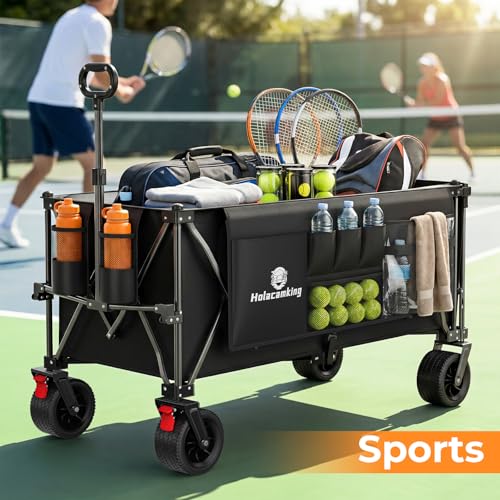 70”L Extender Collapsible Wagon, Extra Long Foldable Wagon Cart with Extended Tailgate, Heavy Duty Rolling Utility Cart with All-Terrain Big Wheels for Transport Sports Beach, Black - size: 360L