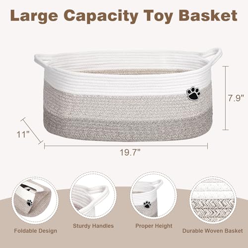 Optish Dog Toy Basket, Toy Box and Bin for Dog Cat Storage, 19.7" X 11" X 7.9" (30L) Large Woven Rope Basket for Blanket Storage, Living Room, Bedroom, White & Brown - color: White-Brown, size: 19.7"L x 11"W x 7.9"H (30L)