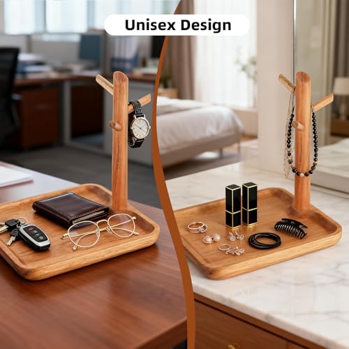 Acacia Wood Key Tray for Entryway Table, Wooden Catchall Organizer with Jewelry Storage Rack, Valet Tray for Keys Wallet Watches Sunglasses Rings(Square) - style: Square