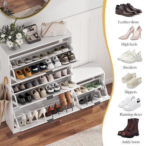 HUANLEGO Shoe Cabinet Storage for Entryway with 4 Flip Drawers, White Fluted Shoe Cabinet with Bench, Wooden Hidden Shoe Rack Freestanding Narrow Slim Shoes Storage Organizer for Hallway, Entrance - color: White, size: 4 Drawer with Bench
