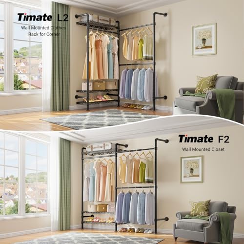 Timate L2 Wall Mounted Clothes Rack Industrial Pipe Clothing Rack for Hanging Clothes, Adjustable Expandable Garment Rack Heavy Duty Closet Organizer, Black Mounted Storage Industrial Closet System - color: Black