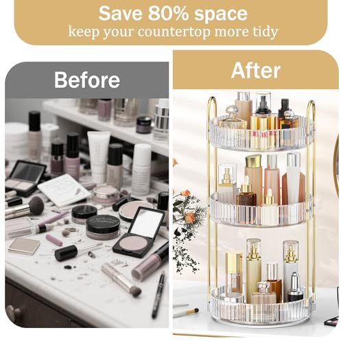 MOKANI 360 Rotating Makeup Organizer for Vanity, 3 Tier Adjustable Perfume Organizer for Dresser, Multi-Function Spinning Cosmetics Skincare Storage for Bedroom, Dresser, Countertop, Clear - color: B-Clear, size: 3 Tier