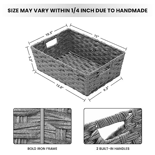 Onlytak Large Wicker Storage Basket, Metal Frame, Set of 2, Washable Waterproof, 15" x 10.3" x 5.2", Grey Color, Woven Basket for Pantry, Toilet, Bathroom, Bedroom, Patio - color: Grey, size: 15" x 10.3" x 5.2"