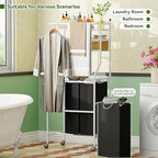Laundry Sorter with Hanging Clothes Rack, Rolling Laundry Cart with Wheels & Shelf, 42 Gal (160L) 3 Section Basket Organizer, White