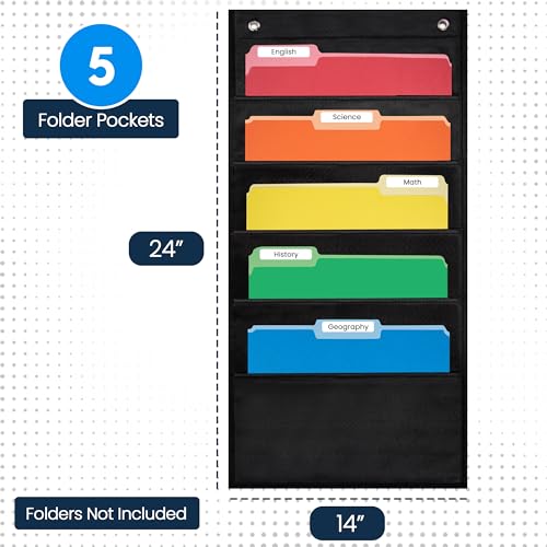 Essex Wares - 5 Pocket File Pocket Chart, Black, 14" Wide x 24" Tall - Versatile Wall Hanging File Folder Organizer for Classroom, Office, Home, and More - Wall Folder Organizer - 5 Pockets - size: 5 Pocket
