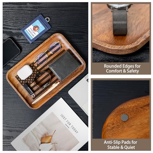 2PCS American Flag Serving Acacia Wood Valet Tray for Men Women Catch All Acacia Wooden Tray Gift, Mens Key Tray, Decorative Tray, Nightstand Tray Dump Tray EDC Tray for Phone Watch Wallet Jewelry - color: 2 Pcs