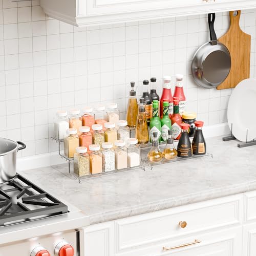 Yieach 2 Pack Tiered Spice Rack Organizer for Cabinet,Pantry,3 Tier Clear Acrylic Spice Rack Organizer & Holder,Step Shelves for Vitamin,Medicine Bottle,Jar,Can,Condiment Organizer and Seasoning Shelf