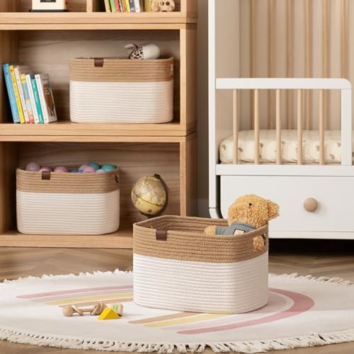 UBBCARE 4 Pack Baskets for Organizing, Woven Storage Baskets with Label for Toys and Towel, Rectangle Cotton Rope Basket with Handles, 14''L x9''W x8''H, Jute&White - color: Jute&White, size: 4 Pack - 14 X 8 X 9 Inches