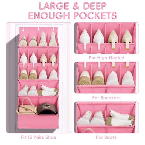 FENTEC 1 Pack Over-the-Door-Shoe-Organizers, Hanging Shoe Organizers with Large Pocket Shoe Holder Hanging Shoe Rack for Closet Shoes Organizer for Wall, Over Door Organizer with 15 Pockets Pink - color: PINK-(18+ Pairs), size: 1 Pack