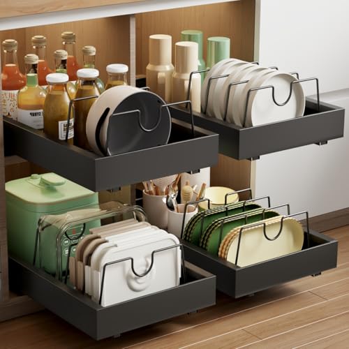 Mustorn 2 Pack Pull Out Cabinet Organizer with 8 Dividers,21.8" Deep Slide Out Drawers for Cabinets Adhesive Pull Out Drawers Heavy Duty Pull Out Shelves for Kitchen, Cupboard, Pantry, Bathroom-Black - color: Black, size: 21.8"D*12"W*2.95"H