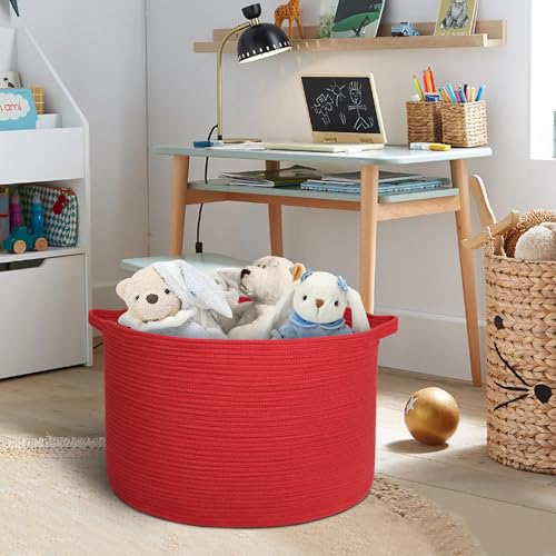 MEGASKET Extra Large Red Basket for Organizing, 22" X 22" X 14" Woven Cotton Rope Bins for Blankets, Baby Nursery Wicker Laundry Basket, Kids Dog Toy Storage Box, Big Red Living Room Decor Organizer - color: Red, size: 22"x22"x14"