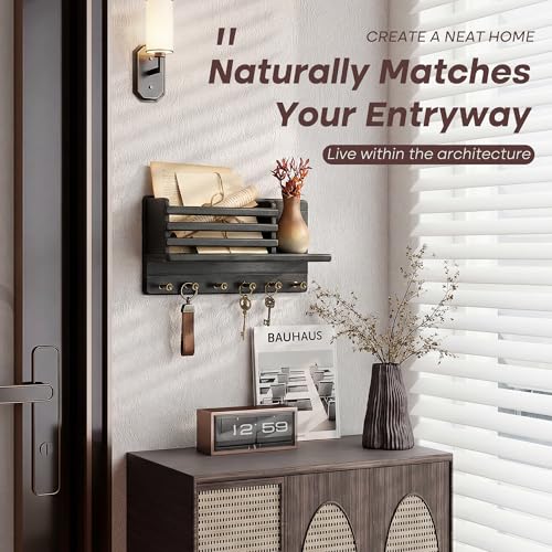 Rebee Vision Pine Wood Key Holder Wall Mount - Farmhouse Key Holder for Wall with Floating Shelf & 6 Hooks - Mail Organizer for Home Improvement, Apartment Essentials (Black) - color: Black
