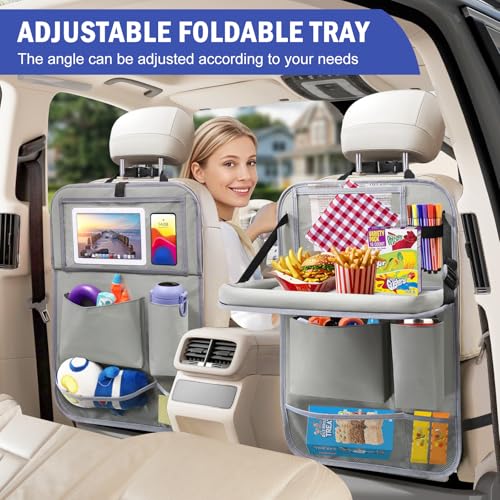 Car Backseat Organizer with Tablet Holder,6 Storage Pockets Car Storage Organizer with Foldable Food Tray,Kick Mats Backseat Protector Travel Accessories (Grey) - color: Grey, size: 1 Pack with Food Tray