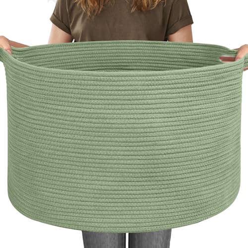 MEGASKET 115L Oversized Green Basket, 23.6"x15.7" Woven Cotton Rope Bin for Blankets, Nursery Wicker Laundry Hamper, Kids Toy Storage Bin, Sage Green Living Room Bedroom Decor Baskets for Organizing - color: Green, size: 23.6"x23.6"x15.7"