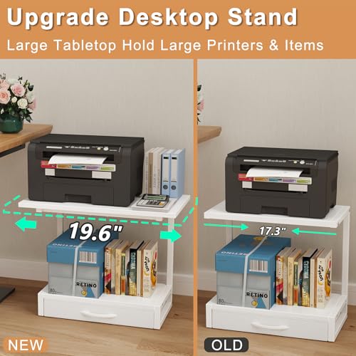 YAOHUOO 2-Tier Desktop Printer Stand with Fabric Drawer, Prtiner Table with Storage Shelf, Desk Organizer for Home Office,3D Printer,Fax Machine,Scanner, 19.6"x14.9" White - color: White, size: Large